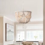 French Country Distressed White Wooden Bead Chandelier – Rustic Boho Lighting for Bedroom & Dining Room - Image 3
