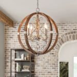 American Rustic Wood Globe Chandelier | Vintage Pendant Light for Dining Room & Living Room - Image 6