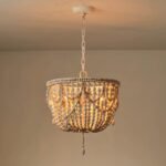 French Country Distressed White Wooden Bead Chandelier – Rustic Boho Lighting for Bedroom & Dining Room