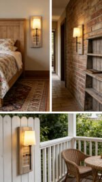 Vintage Rustic Wooden Wall Sconce with Linen Shade - Farmhouse Wall Lamp for Bedroom, Hallway, Balcony & Porch - Image 5