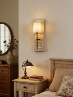 Vintage Rustic Wooden Wall Sconce with Linen Shade - Farmhouse Wall Lamp for Bedroom, Hallway, Balcony & Porch - Image 6